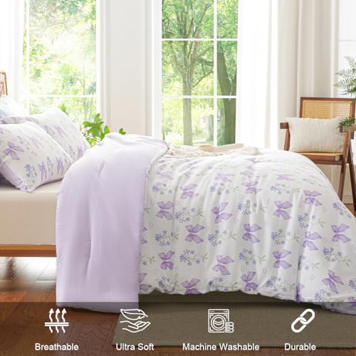 CCoutueChen Purple Bow Comforter Set Full 3 Pieces Floral Bedding Set for Girls Kids, Romantic Princess Style Bowknot Bedding, Ultra Soft Microfiber Garden Flower Comforter Sets with 2 Pillowcases CCoutueChen
