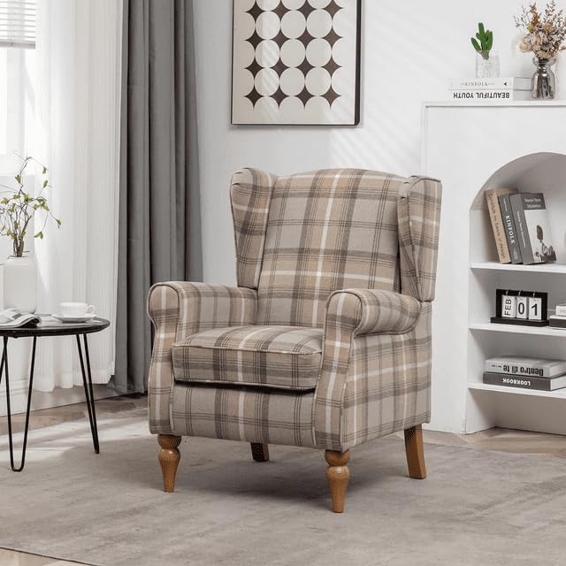 PATIOPTION Modern Accent Chair with Retro Wood Legs, Comfy Upholstered Armchair,Tantan Check Design Single Sofa Chair for Living Room Bedroom Office - Natural PATIOPTION