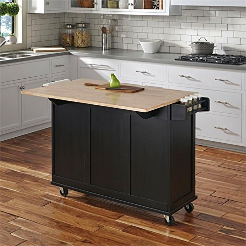 Pemberly Row Mobile Kitchen Island Cart w/Wood Drop Leaf Breakfast Bar in Black Pemberly Row