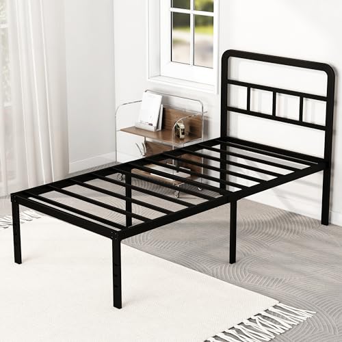 DiaOutro Twin Bed Frames with Headboard 18 Inch, Metal Platform No Box Spring Needed Heavy Duty Steel Slat Mattress Foundation/Easy Assembly/Noise Free/Black DiaOutro