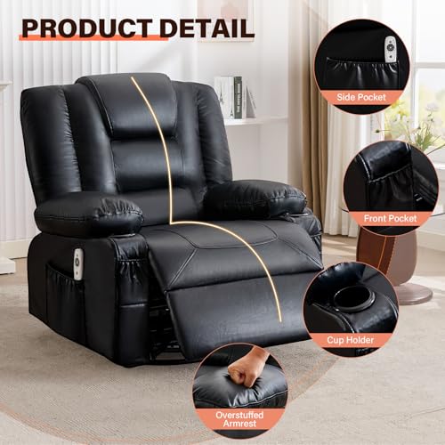 MAHOMICO Swivel Rocker Recliner Chair with Vibration Massage and Heat for Living Room,with Rocking Function and Side Pocket, PU Leather USB Charge Port,2 Cup Holders