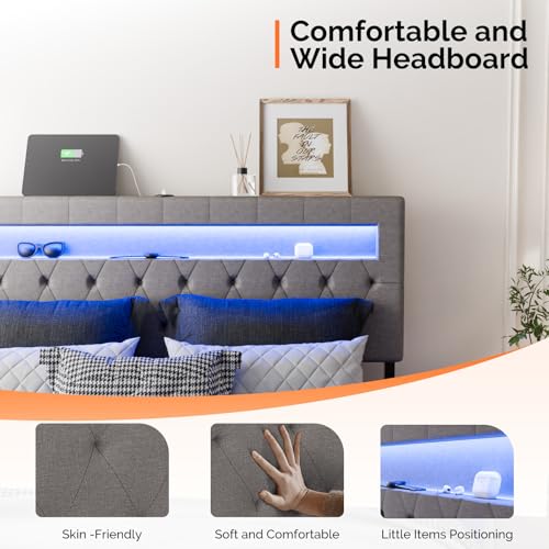 VINGLI Floating Bed Frame Queen with Charging Station,RGB LED Lights, Metal Platform Bed with Upholstered Headboard, Adjustable Height, Gray VINGLI