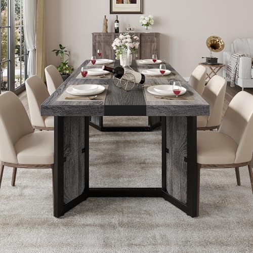 knoworld Industrial Dining Table for 6-8 People, 71" Large Long Wooden Kitchen Table with Sturdy Metal Frame & Brown Finish, Rustic Style Rectangular Dinner Table for Dining Room, Kitchen (Oak Gray) knoworld