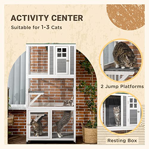 PawHut 74" Wooden Catio Outdoor Cat House Weatherproof & Wheeled, Outside Cat Enclosure with High Weight Capacity, Kitten Cage Condo, Gray PawHut