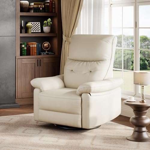 Garvee Power Recliner Chair with 270° Swivel and Rocking, Electric Glider Nursery Chair with USB Charging Port, PU Leather Upholstery and Button Tufted Backrest for Living Room, Cream