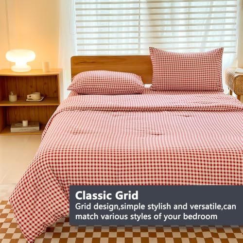 NSNLGSGC Twin Comforter Set, Red Gingham Bedding Comforter Sets, Red Grid Bed Comforter 2 Pieces (1 Comforter, 1 Pillowcase) NSNLGSGC