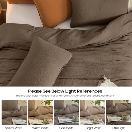 Simple&Opulence Linen Muslin Duvet Cover Set Queen Size, 3Pcs Brown Linen Cotton 3-Layer Gauze Minimalist Comforter Cover 88”x92”, Ultra Soft Breathable Seersucker Bedding Set with 2 Pillowcases Simple&Opulence