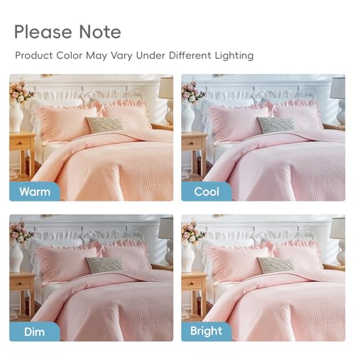 Flysheep Pink Ruffle Quilt Set Twin Size, 2 Pieces Shabby Chic Farmhouse Striped Bedspread Coverlet Set, Solid Lightweight Soft Microfiber Bed Cover for Kids (1 Ruffled Quilt + 1 Pillow Sham) Flysheep