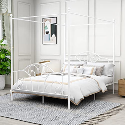 AUFANK Queen Size Four-Poster Metal Canopy Bed Frame with Headboard and Footboard Sturdy Slatted Structure No Box Spring Needed White