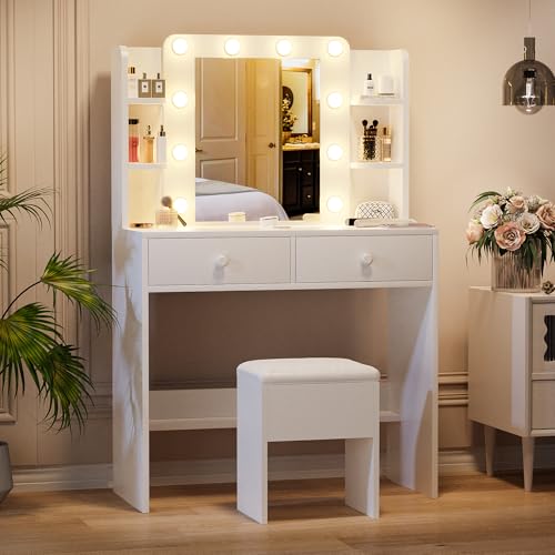 Haewon White Vanity Desk with Mirror and Lights, Makeup Vanity with 10 LED Bulbs and 3 Color Modes, Dressing Table Set with Power Outlets, Storage Drawers and Chair for Bedroom Haewon