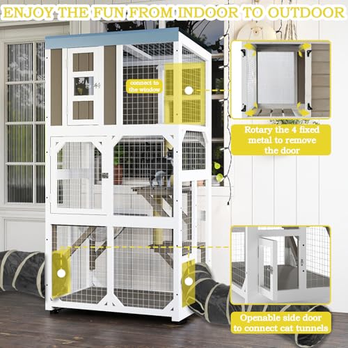 Mayugardening Catio Outdoor Cat Enclosure,Outdoor Cats House with 5 Platforms & Space Capsule,Wooden Cat Catio Cats Enclosure with Weatherproof Oxford Cloth Roof & 4 Wheels,Grey mayugardening