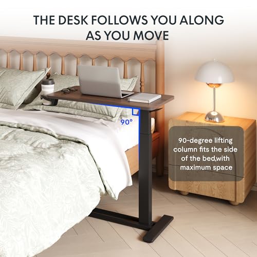 FLEXISPOT Medical Adjustable Overbed Bedside Table with Wheels Pneumatic Mobile Standing Desk Laptop Desk Rolling Computer Cart Movable Table Hospital Home Use(31.5" W x 17.7" D, Mahogany Large) FLEXISPOT