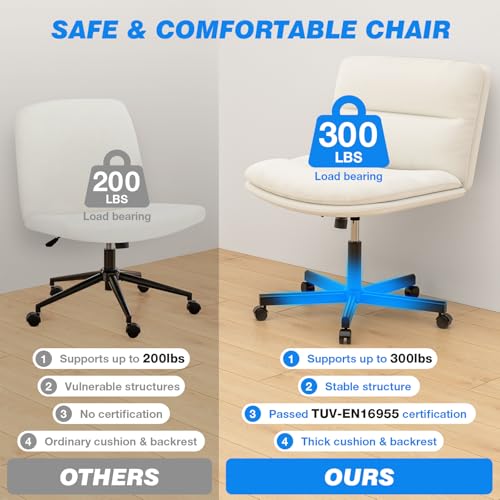 Rfiver Ergonomic Armless Criss Cross Chair with Height Adjustable and Swivel, Wide & Thickened Cushion Cross Legged Vanity Chair, Comfortable PU Leather Desk Chair for Computer Task and Make Up, White Rfiver