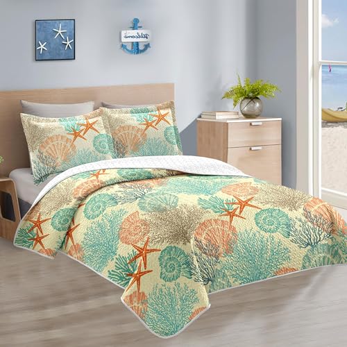 Tritard 3 Piece Coastal Quilt Sets Full/Queen Size - Reversible Microfiber Quilts with 2 Shams Soft Lightweight Beach Bedding Nautical Bedspread Coverlet Summer Comforter for All Season, 90''x96'', C4 Tritard