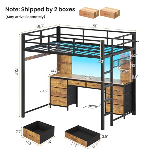 ADORNEVE Full Size Loft Bed with Desk and 8 Storage Drawers, Metal Loft Beds Full with LED Lights & Charging Sation, Heavy Duty Loft Bed Frame with 6 Storage Shelves, Space-Saving, Rustic Brown ADORNEVE