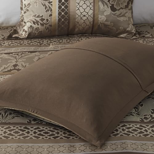Madison Park Bellagio Cozy Comforter Set - Luxurious Jaquard Traditional Damask Design, All Season Down Alternative Bedding with Matching Shams, Decorative Pillow, Queen(90"x90"), Brown/Gold 7 Piece Madison Park