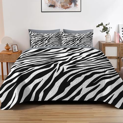 Pamnest Quilt Set King Size, Zebra Stripe Animal 3 Pcs Soft Bed Cover Bedding Set for Kids and Adults, Black White Lightweight Bedspread Coverlet with Pillow Sham for All Season Pamnest