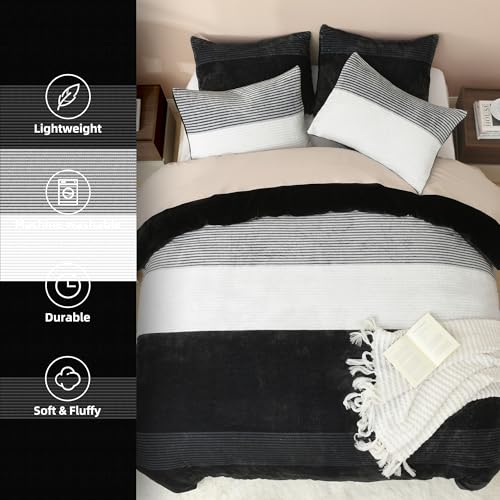 Litanika Fluffy Fleece Queen Comforter Set, Luxury Soft Plush Fuzzy Black & White Stripe Bedding Comforter Sets, Warm Shaggy Faux Fur Bed Set All Season (1 Comforter, 2 Pillowcases) Litanika