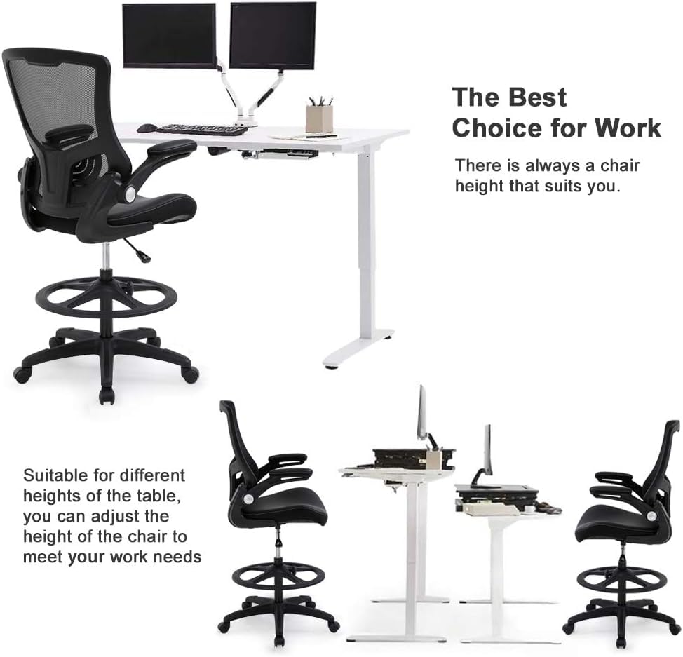 Drafting Chair Ergonomic Tall Office Chair Standing Desk Chair with Flip Up Arms Foot Rest Back Support Adjustable Height Mesh Drafting Stool, Black PayLessHere