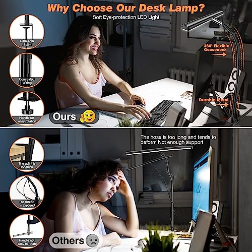 Airlonv LED Desk Lamp for Office Home, Eye-Caring Desk Light with Stepless Dimming Adjustable Flexible Gooseneck, 10W USB Adapter Desk Lamp with Clamp for Reading, Study, College Dorm Room Essentials Airlonv