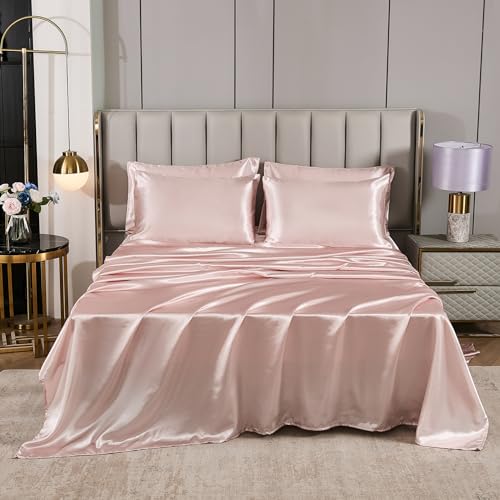 Herside Pink Mocha Satin Comforter Set 7 Pcs Full Size Bed in a Bag Luxury Satin Bedding Set with Comforter Pillowcases and Sheets Sets Mini Pompoms Design Super Soft Silky Bed Set for All Seasons Herside