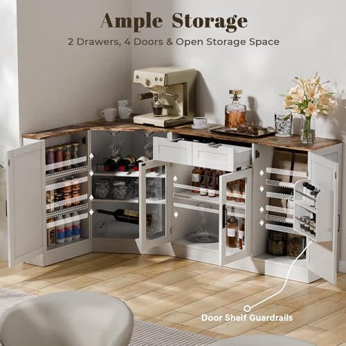 L-Shaped Kitchen Buffet Storage Cabinet - Corner White Sideboards and Buffets with Storage Drawer & Door, 65'' Long Farmhouse Coffee Bar with LED & Wine Rack, Dining Room Islands for Kitchen (White) Gyfimoie