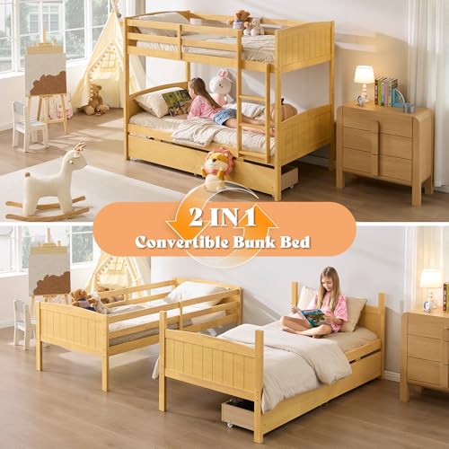 AMERLIFE Twin Over Twin Bunk Bed with Storage Drawers, Solid Rubberwood 2-in-1 Convertible Loft Beds with Ladders, Modern Detachable Bed Frame for Kids and Teens Bedroom, Natural Wood AMERLIFE