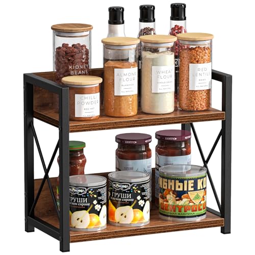 Giikin Countertop Shelf Organizer, 2 Tier Kitchen Spice Rack Organizer for Countertop, Wood Coffee Counter Shelf Organizer for Home (Brown, S) Giikin