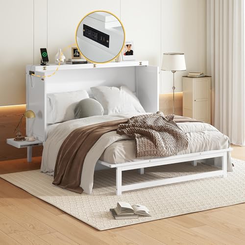 Ball & Cast Murphy Bed Full W/Desk & 2 Removable Shelves,Cabinet Bed W/ 2 USB Port & Power Outlets,Hidden Foldable Wall Bed Frame for Home Office,Apartment,Guest Room,White Ball & Cast