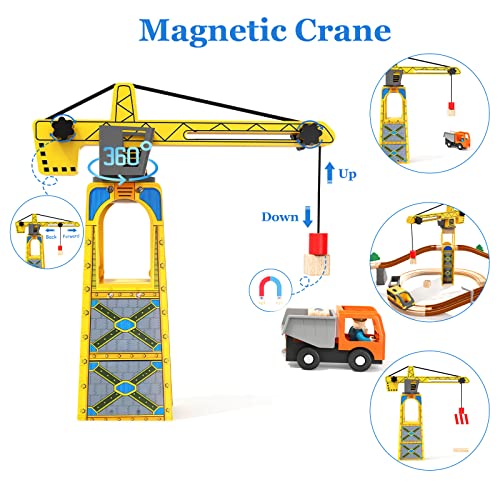 Giant bean Tower Crane Wooden Train Set, 72pcs Toy Battery Operated Train Track for Boys and Girls 3-7, Fit Thomas The Train, Brio, Melissa & Doug Giant bean