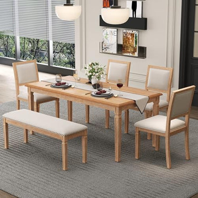 Hlcodca 6-Piece Extendable Dining Table Set with 4 Chairs & Bench, 59 to 72-Inch Rustic Farmhouse Kitchen Table Set with Distressed Finish and Retro Carved Legs (Beige+Natural Wood Wash)
