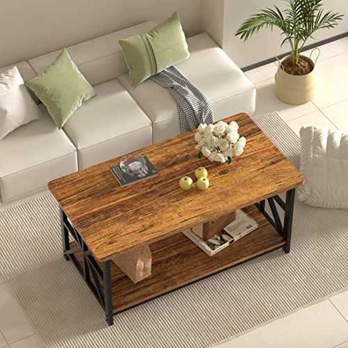 GreenForest Coffee Table with Round Corner, Farmhouse Center Table with 2-Tier Storage Shelf X-Frame Design for Living Room, 39 inch Walnut GreenForest
