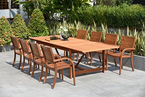 Amazonia Arizona 9-Piece Patio Rectangular Extendable Dining Table Set | Eucalyptus Wood | Ideal for Outdoors and Indoors Amazonia