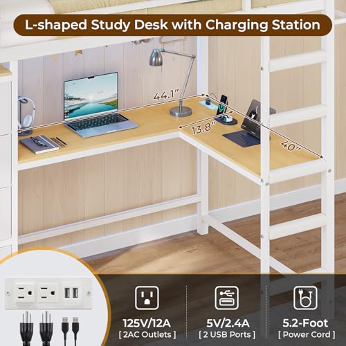 DICTAC Twin Size Loft Bed with L-Shaped Desk and 7 Storage Drawers,Metal Twin Loft Bed for Kids with LED Lights and Charging Station,13.11" H Safety Guardrail and Ladder,No Box Spring Needed, White DICTAC