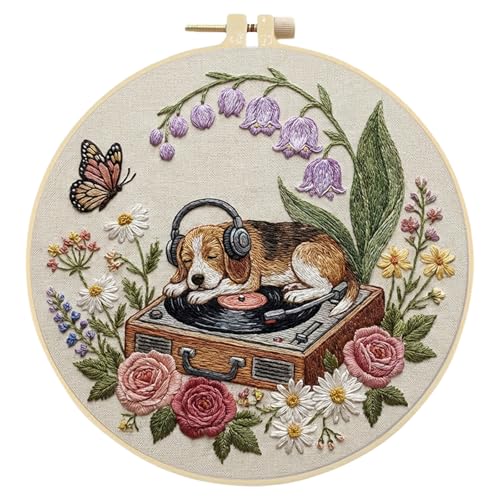 Needlework Embroidery Kit for Beginners,Dog and Record Player Pattern Handmade Cross Stitch Sewing Craft Kit,7.87 inch Hoop,Floss & Needles for Craft Lover Gifts 29 * 29cm