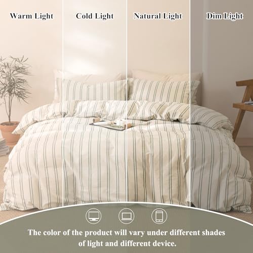 VM VOUGEMARKET Full Duvet Cover Set Beige Gray Striped Bedding Set Soft Washed Cotton 3 Pieces Dark Green Vertical Ticking Stripes Comforter Cover with Zipper Closure-80x90 Inch VM VOUGEMARKET