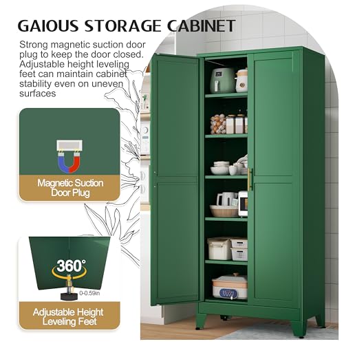 GAIOUS 75.2" Tall Kitchen Food Pantry, Pantry Cabinet with 2 Door and 5 Adjustable Shelves, Green Laundry Room Cabinets, Freestanding Pantry for Kitchen, Study Room, Dining Room and Entryway GAIOUS