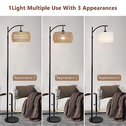 Arc Floor Lamp with Remote Control, Dimmable LED Floor Lamp with 3 Color Temperature, Black Standing Lamp with Rattan & Fabric Double Drum Shade, Boho Farmhouse Tall Pole Lamp for Living Room Bedroom eyassi
