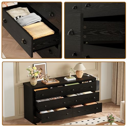 LIKIMIO Dresser for Bedroom 6 Drawer with Charging Station, TV Stand Storage Chest of Drawers for Living Room Hallway Entryway, MDF Board, 59 Inches Black LIKIMIO
