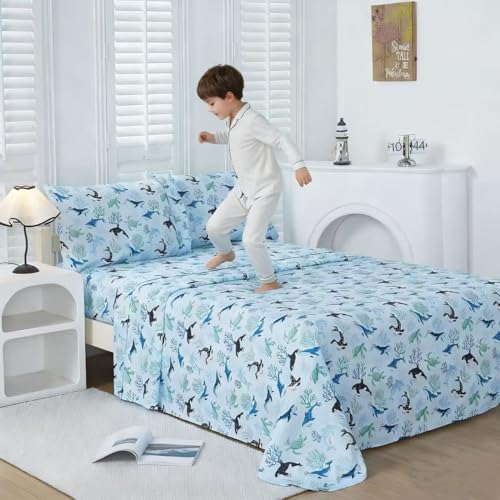 Viviland 3 Pieces Boys Blue Ocean Twin Sheet Set - Soft Microfiber Fitted Flat Sheets & Pillowcase - Blue Ocean Whales, Sea Turtles, Marine Organisms Bedding Sets - for Kids & Toddlers Viviland