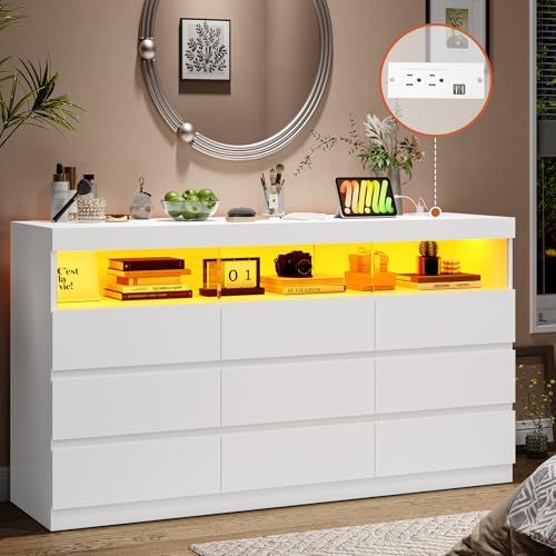 HAUOMS 9 Drawer Dresser for Bedroom with LED Lights, Large Chest of Drawers Handle Free, Modern White Long Dressers with Charging Station,for Living Room,Cloakroom,Entryway HAUOMS