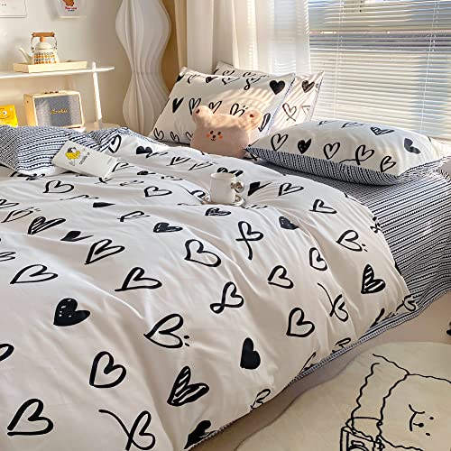 BlueBlue Hearts Kids Duvet Cover Set Twin 100% Cotton Bedding for Boys Girls Teens Single Bed Cartoon Kawaii Black White Heart Love Pattern 1 Cute Comforter Cover 2 Pillowcase (Twin) BlueBlue