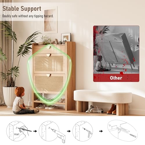 INNOD Rattan Shoe Storage Cabinet, Shoe Organizer with 2 Flip Drawers, Narrow Shoe Cabinet, Free Standing Hidden Shoe Storage, Shoe Rack for Entryway/Hallway/Closet, Natural Oak INNOD