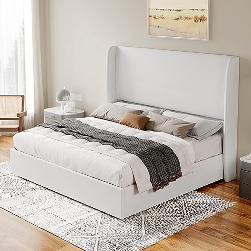 Jocisland Queen Size Bed Frame Lift Up Storage Bed Linen Upholstered Bed Frame with Hydraulic Storage/Wingback Headboard/No Box Spring Needed/White Jocisland