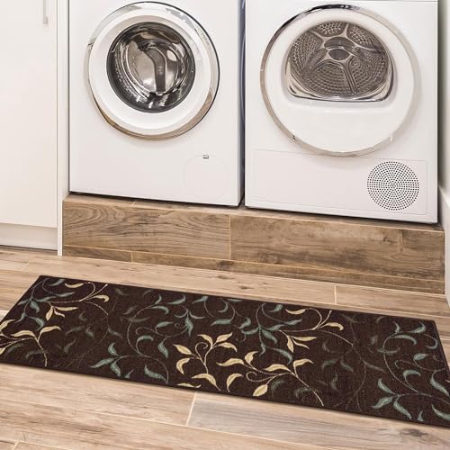 Machine Washable Leaves Design Non-Slip Rubberback 3x10 Traditional Runner Rug for Hallway, Kitchen, Bedroom, Living Room, 2'7" x 9'10", Brown Ottomanson
