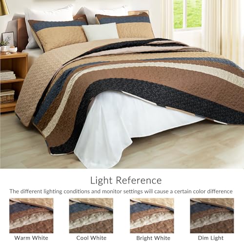 Whale Flotilla Full Queen Size Quilt Set - Reversible Camel Quilts Queen Size with 2 Pillow Shams, Lightweight Boho Striped Bedspreads Coverlet Bedding Set for All Seasons Whale Flotilla