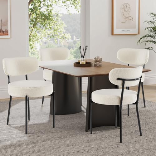 Sweetcrispy Dining Chairs Set of 4, Boucle Upholstered Modern Mid Century Round Kitchen Chairs with Curved Backrest & Metal Legs for Vanity, Living Room - Beige Sweetcrispy
