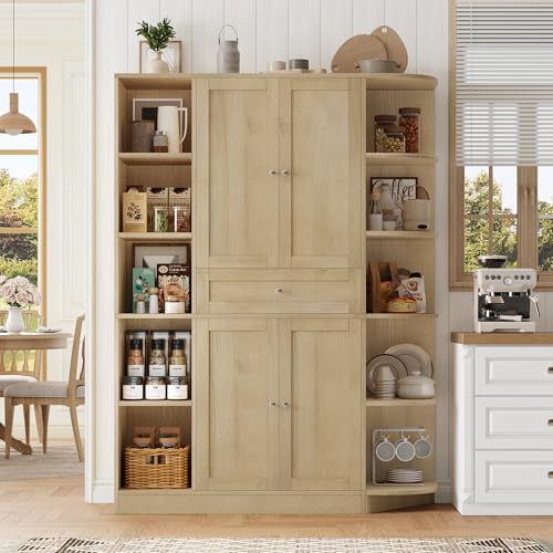 FACBOTALL 71" Tall Pantry Cabinet with Storage, 47'' Wide Freestanding Kitchen Cabinet with Doors & Shelves, Buffet Sideboard with Drawer, Cupboard for Kitchen, Dining Room, Utility Room, Light Oak FACBOTALL