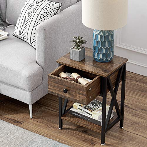 VECELO Modern Versatile Nightstands X-Design Side End Table Night Stand Storage Shelf with Bin Drawer for Living Room Bedroom, Set of 2 (Brown) VECELO