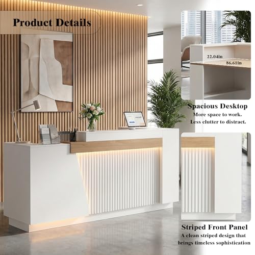 Laxodor 86.6" L-Shaped Reception Desk with Dimmable LED Lights, White Front Desk Counter for Salon, Retail Store & Office